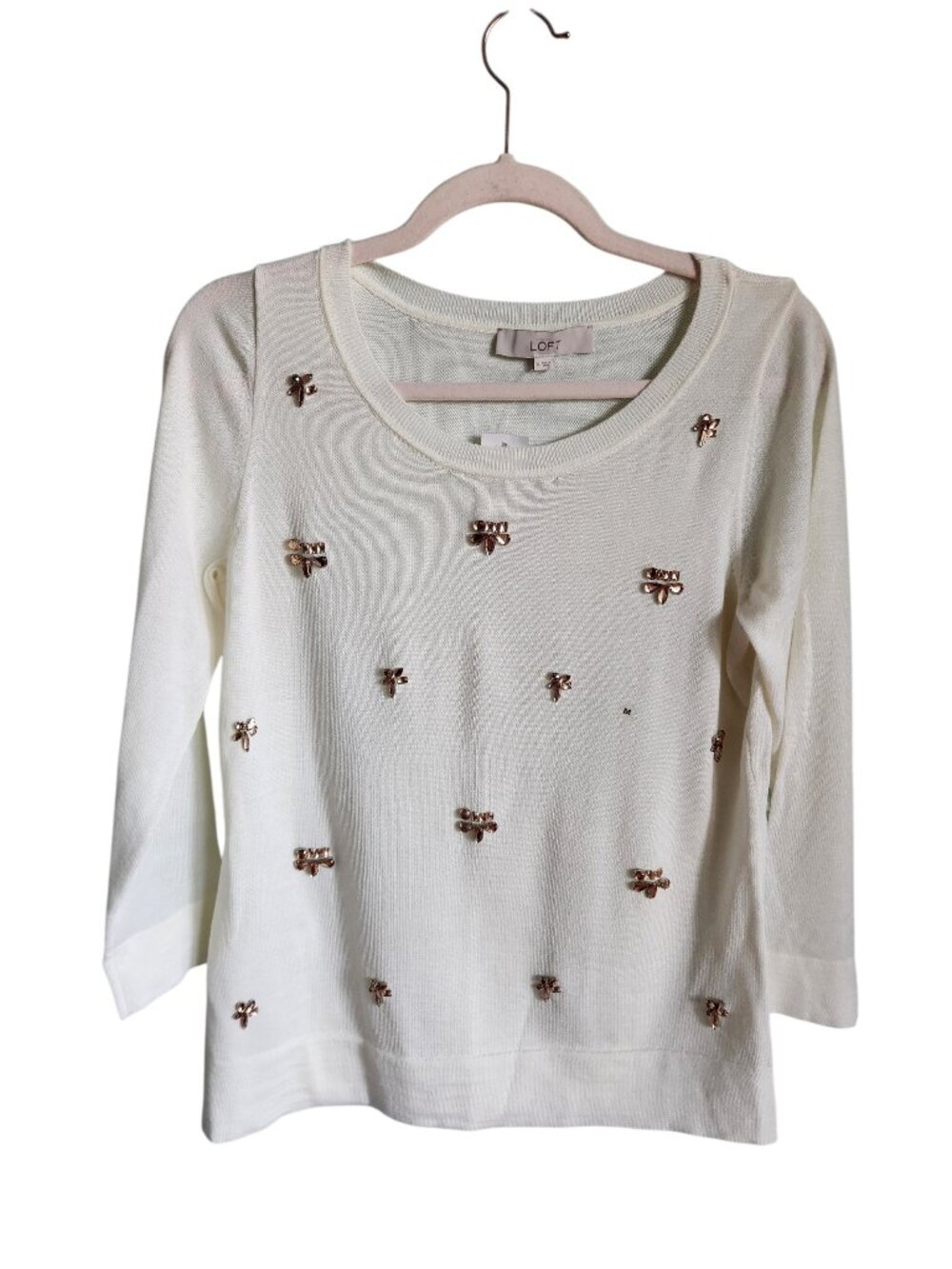 Ann Taylor Loft Sweater Medium Ivory Womens Bejeweled Pullover Round Neck 3/4 Sl